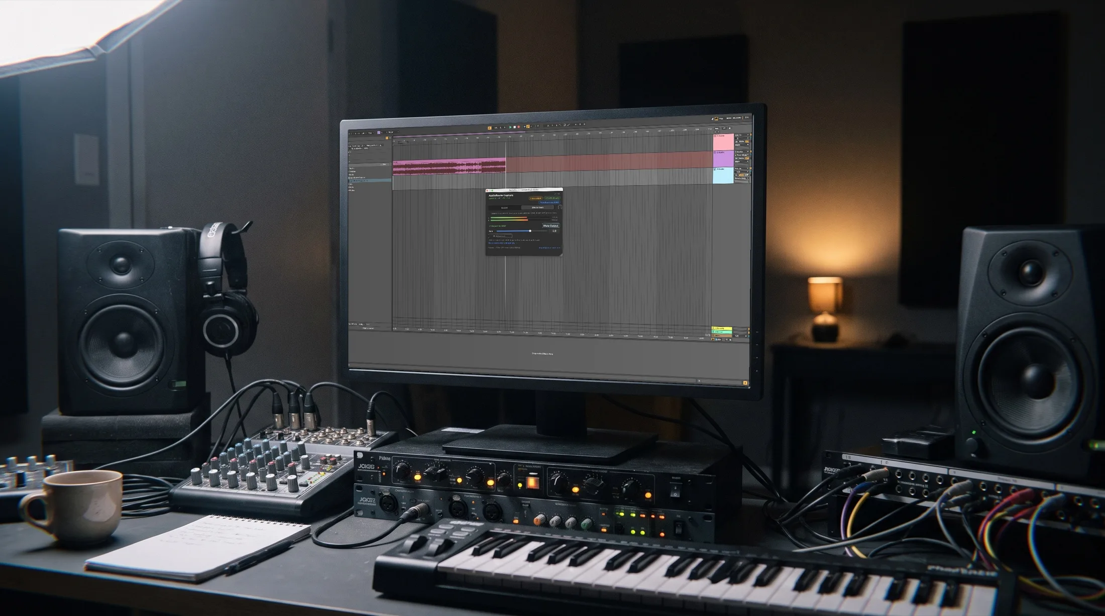 AudioRoute Capture open on a track in Ableton Live, shown on a studio monitor: the plug-in is streaming live to the track and a captured take is already on the timeline.