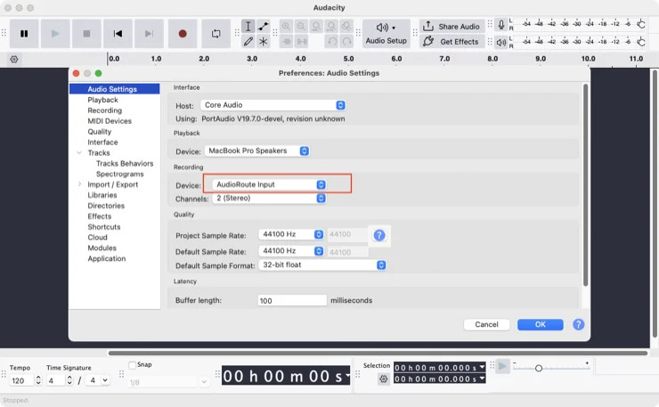 AudioRoute Input listed as a recording device in Audacity preferences