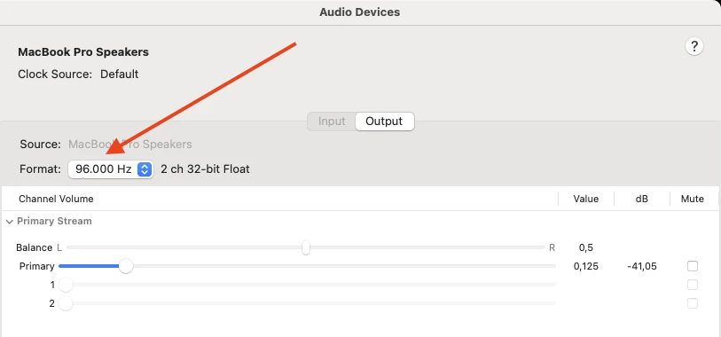 Audio MIDI Setup on macOS showing the default output device's Format set to 96.000 Hz / 2 ch 32-bit Float, the rate AudioRoute's Auto mode will follow for bit-perfect capture