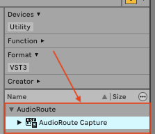 Ableton Live plugin browser showing the AudioRoute folder under VST3 expanded, with AudioRoute Capture inside
