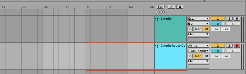 Ableton Live arrangement view showing two audio tracks: '1 Audio' on top and '2 AudioRoute Ca' below, with AudioRoute Capture loaded on the second track