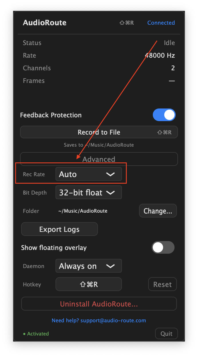 AudioRoute tray popup showing the Advanced settings expanded. The Rec Rate dropdown is set to 'Auto' and highlighted with a red arrow. Status shows Idle, Rate 48000 Hz, Channels 2. Bit Depth is set to '32-bit float'.
