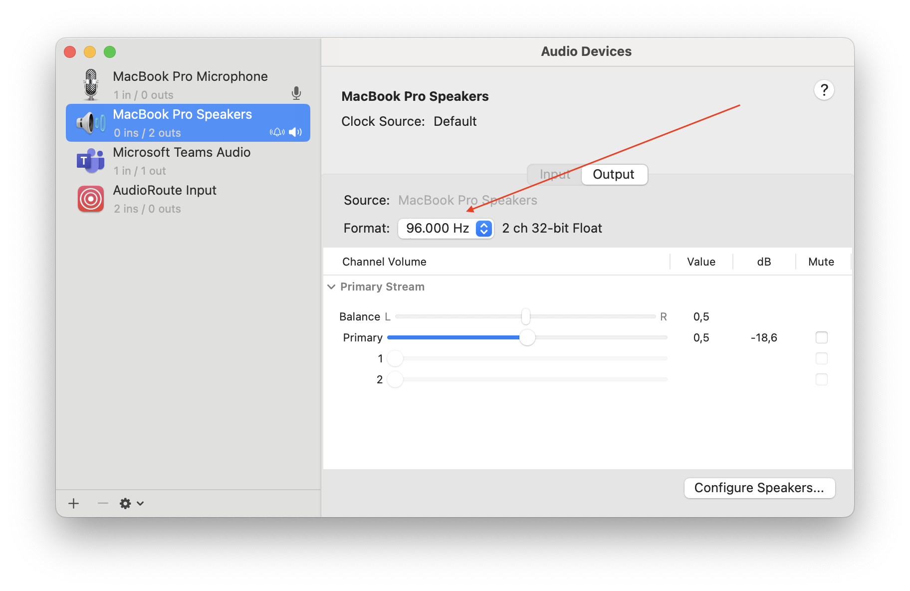 macOS Audio MIDI Setup window with MacBook Pro Speakers selected on the left and the Output tab on the right. The Format dropdown is set to '96.000 Hz 2 ch 32-bit Float', highlighted with a red arrow.