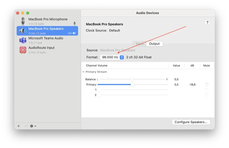 Audio MIDI Setup on macOS showing the default output device's Format set to 96.000 Hz / 2 ch 32-bit Float — the rate AudioRoute's Auto mode will follow for bit-perfect capture