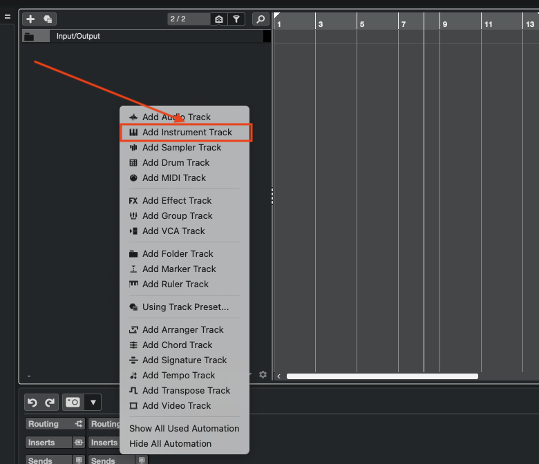 Cubase right-click context menu in the track list area with 'Add Instrument Track' highlighted.