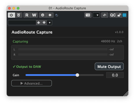 AudioRoute Capture plugin window showing 'Capturing' status, 48000 Hz 2ch, and L/R level meters.