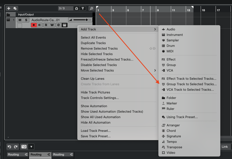 Cubase right-click menu on the Instrument Track with 'Add Track → Group Track to Selected Tracks' highlighted.