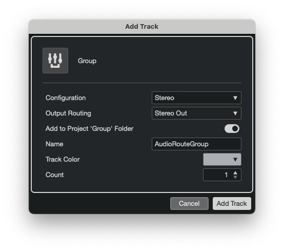 Cubase 'Add Track' dialog for a Group Track named 'AudioRouteGroup', stereo configuration, output routing Stereo Out.