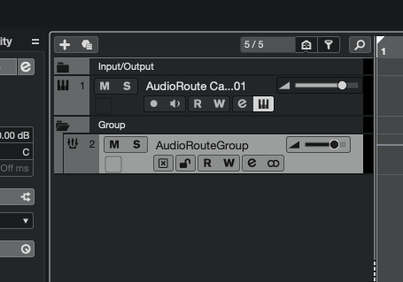 Cubase track list showing the Instrument Track 'AudioRoute Ca...01' and the new Group Track 'AudioRouteGroup' below it.