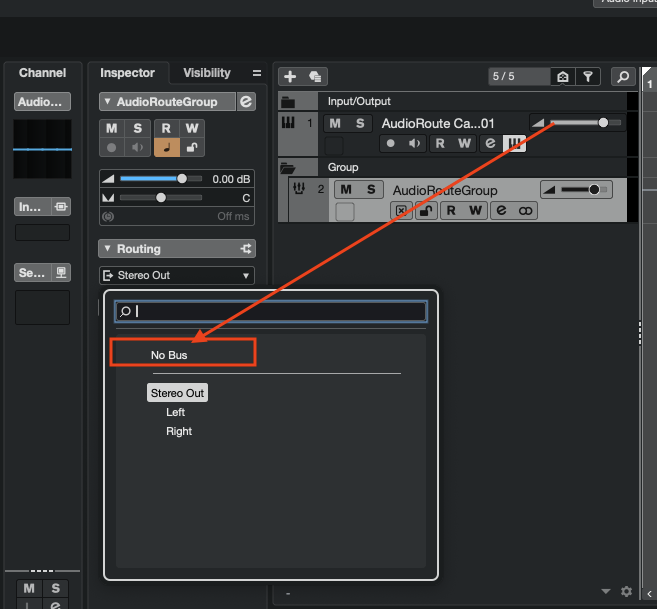 Cubase Inspector showing the Group Track's Output Routing dropdown open with 'No Bus' highlighted.