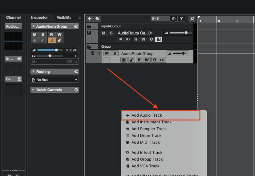 Cubase right-click menu with 'Add Audio Track' highlighted.