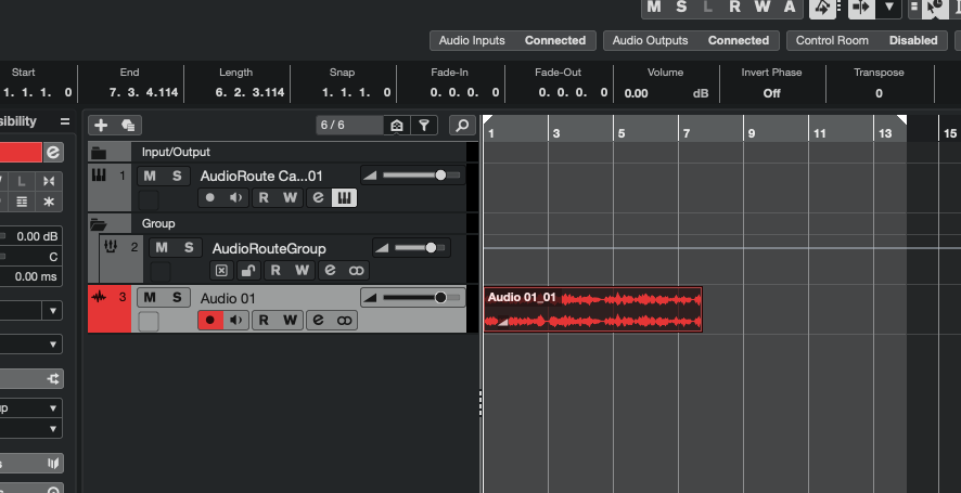 Cubase project window showing a recorded audio clip on the Audio Track with a visible waveform.