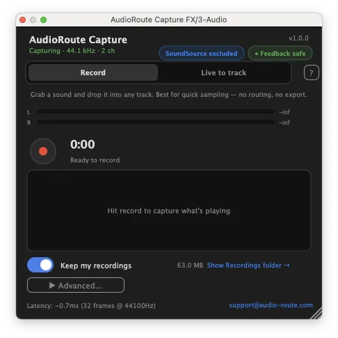 AudioRoute Capture plug-in on the Record tab, meters at silence, showing 'Hit record to capture what's playing'.
