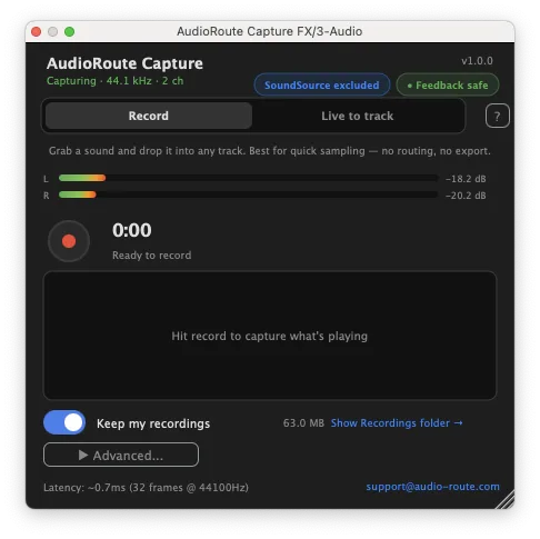 AudioRoute Record tab with the level meters moving as the source plays, before recording.