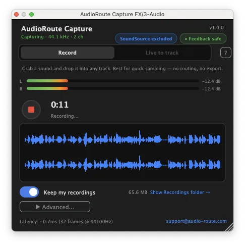 AudioRoute Record tab recording, waveform drawing and the timer counting up.