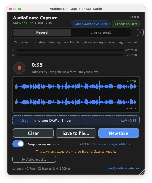 AudioRoute Record tab after stopping: the finished take shown as a waveform, ready to drag.