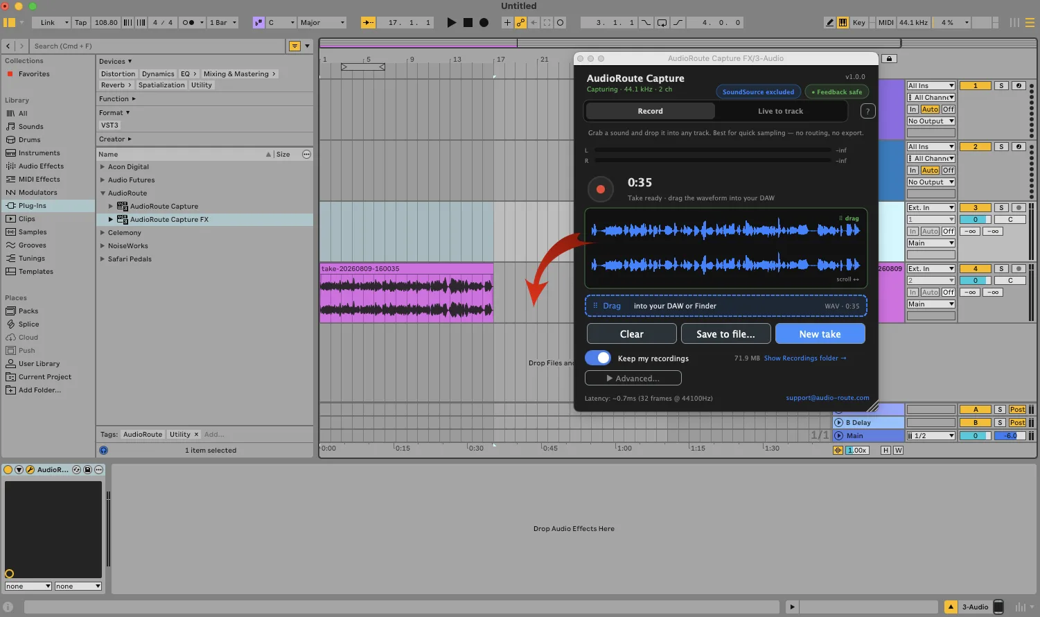 Dragging the recorded take from the AudioRoute plug-in onto an Ableton Live audio track, an arrow showing the drag path to the clip on the track.