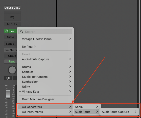 Logic Pro Instrument slot popup showing the path AU Generators → AudioRoute → AudioRoute Capture highlighted