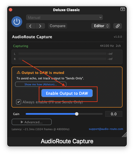 AudioRoute Capture plugin window showing the first-launch 'Output to DAW is muted' notice with an Enable Output to DAW button