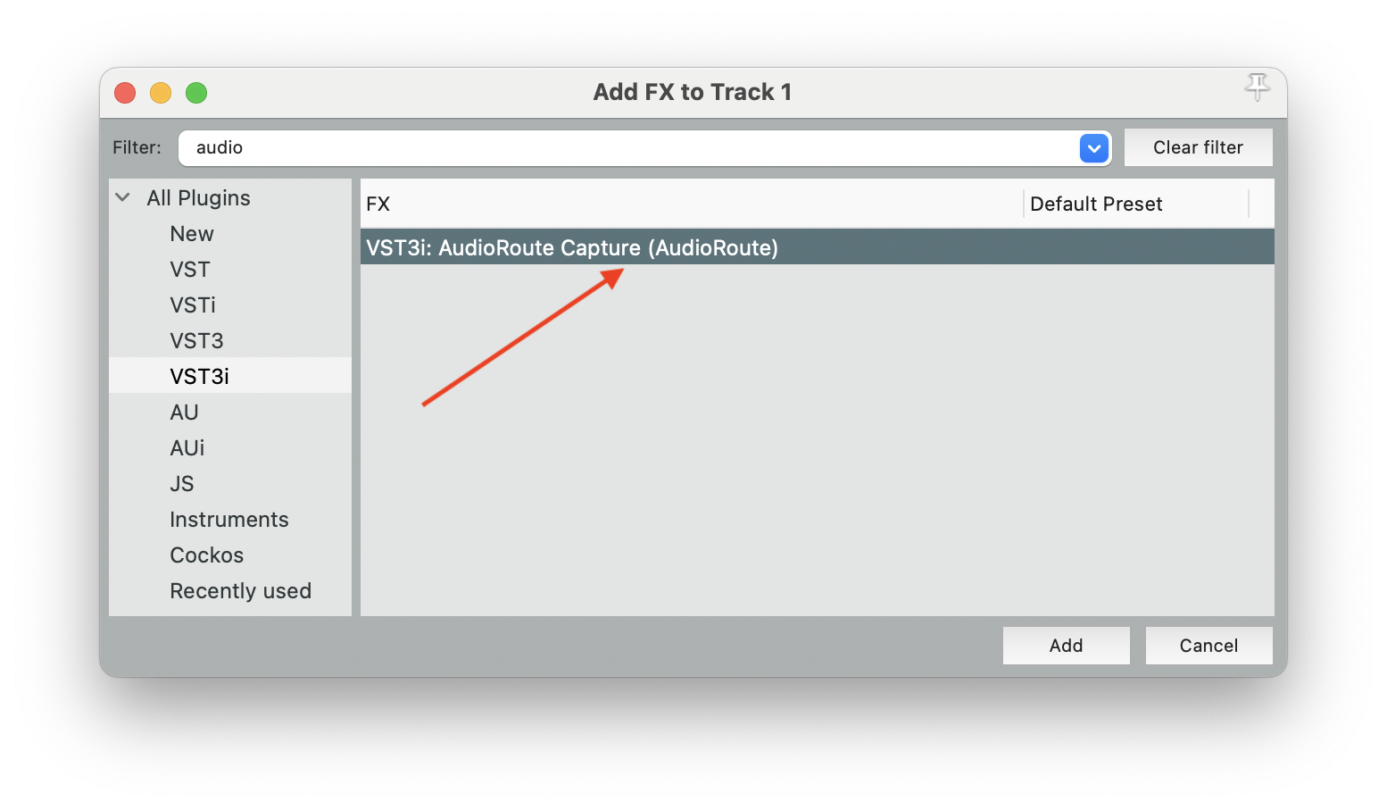 Reaper Add FX dialog with 'audio' typed in the filter field and 'VST3i: AudioRoute Capture (AudioRoute)' selected in the list