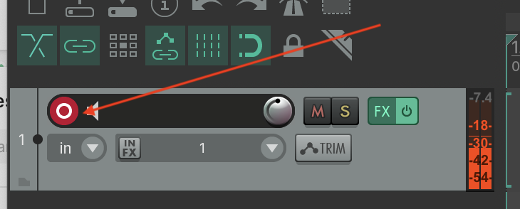 Reaper track header with the record-arm circle lit red, meters on the right showing levels around -7.4 dB, indicating the track is armed and receiving signal from AudioRoute Capture