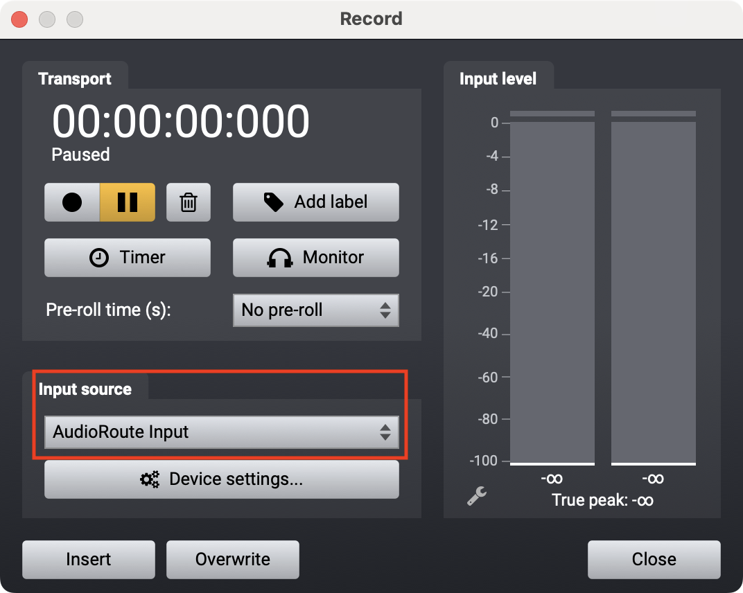 Acoustica's Record window with the Input source dropdown set to 'AudioRoute Input' (highlighted with a red border)