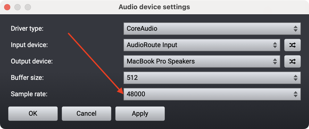 Acoustica's Audio device settings dialog showing Driver type: CoreAudio, Input device: AudioRoute Input, Output device: MacBook Pro Speakers, Buffer size: 512, Sample rate: 48000 (highlighted with a red arrow)