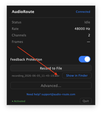 AudioRoute tray window after recording finished. The recording filename appears with a 'Show in Finder' button next to it, highlighted by an arrow