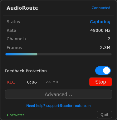 AudioRoute tray window during recording — Status shows 'Capturing' in blue, Rate 48000 Hz, Channels 2, a meter bar shows live audio levels, and the controls section shows 'REC 0:06 2.5 MB' next to a red Stop button
