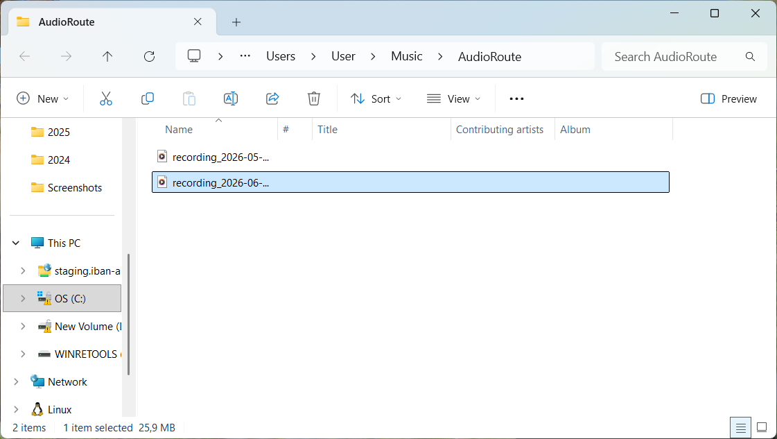 Windows 11 File Explorer window showing the Users\User\Music\AudioRoute folder with WAV recordings. The most recent recording is highlighted in blue