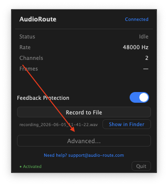 AudioRoute tray window with the Advanced button highlighted by an arrow. The button sits below the Record to File button and the recording row