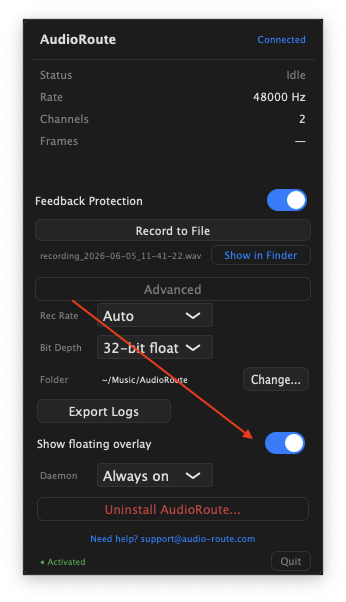 AudioRoute tray window with Advanced settings expanded. The 'Show floating overlay' toggle is being switched on, highlighted by an arrow. Other visible options include Rec Rate (Auto), Bit Depth (32-bit float), Folder, and Daemon mode