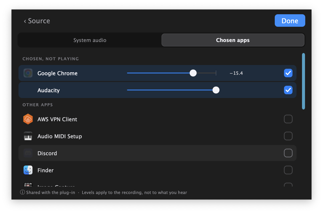 AudioRoute's Source list on the Chosen apps tab: Google Chrome and Audacity are ticked, each with its own level fader and Chrome pulled down to minus 15.4, while Discord and every other running app sit unticked below them and are left out of the recording.